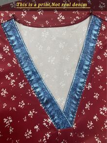 EMERY ROSE Denim Effect Ditsy Floral Contrast Color Regular Blouse For Women - Red - View 4
