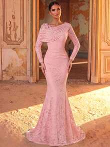 Aureia Elegante vestido de noche formal rosa empolvado con encaje, manga larga, capa asimétrica drapeada, cristales con cuentas, flores 3D, cuello barco, cola de sirena, para banquete y boda - Rosa Pálido - Ver 9