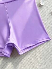 SHEIN 少女條紋蝴蝶結印花短袖連身泳衣附三角褲底，適合夏季、度假、衝浪、海灘、海邊、泳池、游泳 - 紫色 - 查看 4