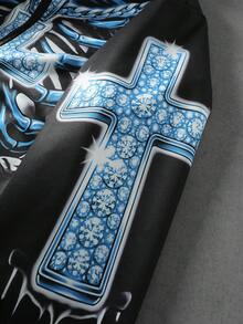 ROMWE MEN Men's Visual Style Cross Skull Gothic Print Streetwear Sweatshirt Fur Hooded Sweatshirt - Black - View 5