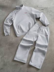 PAVTROS Men's Letter Embroidery Frog Button Design Long Sleeve Sweatshirt And Sweatpants Casual Set - Grey - View 4