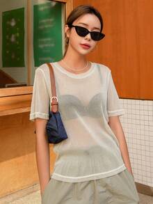 DAZY Semi Sheer Mesh Top Without Bra Going Out Tops Festival Thin Clothing - Apricot - View 4