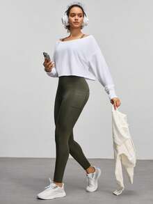 Velisys Velisys 2pcs/Set Regular Leggings/Basic Style/Black + Army Green/Sports Leggings/Fitness/Yoga - Multicolor - View 3
