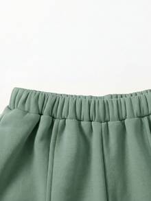 SHEIN Girlism 青少年女孩秋冬休閒抓絨內裡加厚運動衫套裝，紐約市印花，寬鬆圓領落肩長袖套頭衫，搭配印花百褶寬腿直筒運動長褲，2件式運動風套裝，麻灰色 - 綠色 - 查看 4