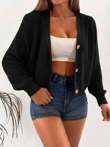 Wovencharm Wovencharm Casual Solid Color Cropped Cardigan, Autumn/Winter - Black - View 5