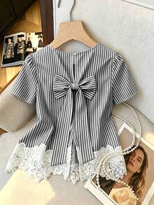 Franclia Women's Fashion Round Neck Striped Lace Patchwork Short Sleeve Blouse - Black and White - View 1