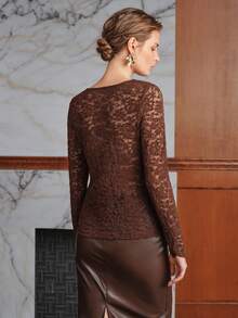 Anewsta Spring/Autumn Deep Brown Draped Neck Hollow Floral Lace Fitted Long Sleeve Sheer Commute Date Layering Inner Wear Women's T-Shirt - Brown - View 2