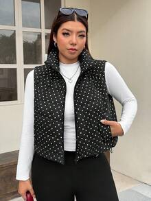 Muchica 大尺碼女款波點拉鍊休閒百搭加厚冬季棉墊背心外套，附口袋與抽繩設計 - 黑與白 - 查看 4