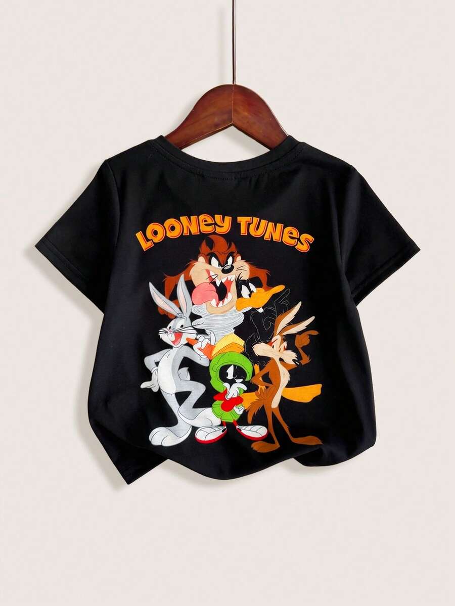 LOONEY TUNES X SHEIN 1pc Fun Casual Style Young Boy Cartoon Print Crew Neck Short Sleeve T-Shirt - Black - View 1