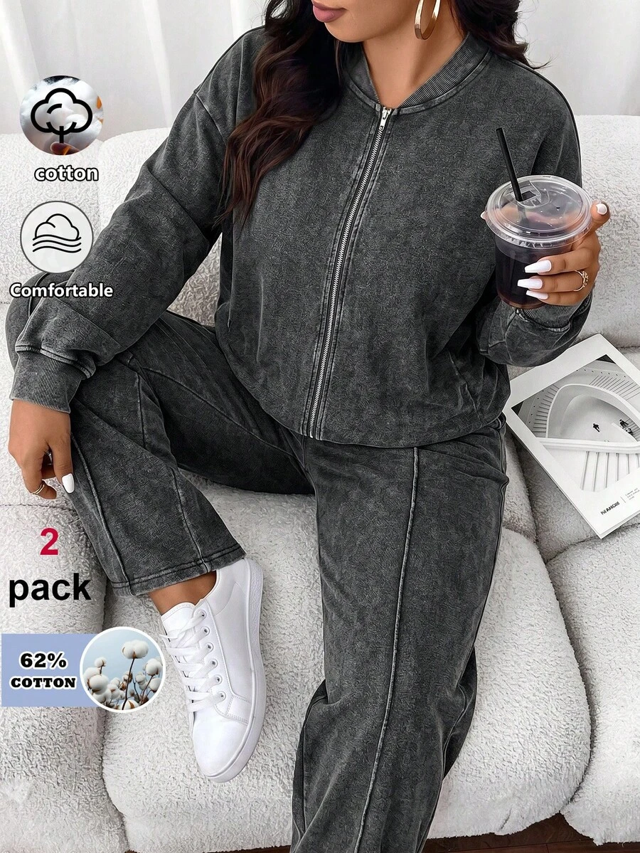 SHEIN CURVE+ Plus Size Casual Washed Snowflake Baseball Jacket And Loose Pants Set, Autumn Fall - Black - View 1