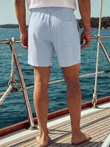 HIMLAND Pantalones cortos de unicolor con cordón en la cintura y bolsillos para hombres para vacaciones - Azul - Ver 5