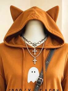 Lalippa Women's Cat Ear Hooded Sweatshirt Casual Halloween Ghost Short Pullover - Multicolor - View 4