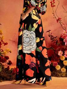 Glamance Frida Kahlo X SHEIN Women's Floral Print Pocket Loose Wide Leg Pants, Suitable For Outings, Gatherings And Parties - Black - View 2