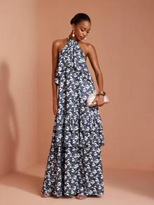 JIAN LASALA Knit Halter Neck Sleeveless Double Ruffle Layers Cold Shoulder Long Dress Elegant Tropical Jamaican Vacation Garden Party Navy Blue Floral Summer - Multicolor - View 1