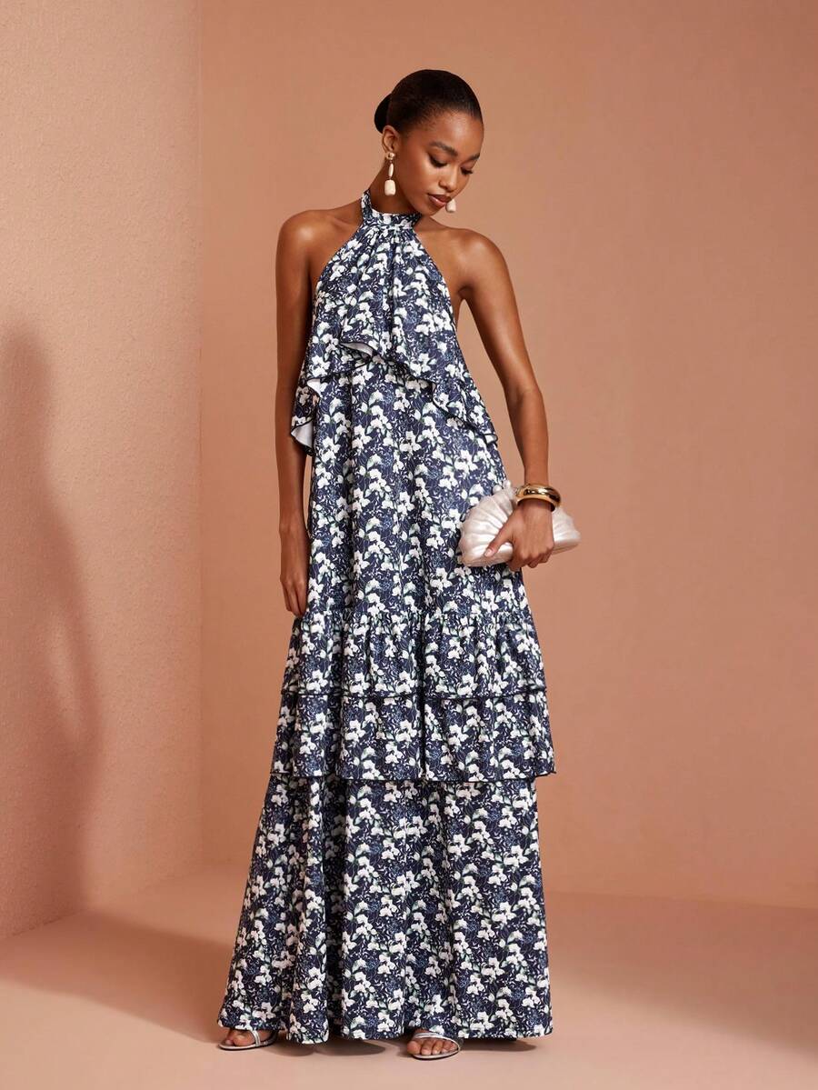 JIAN LASALA Knit Halter Neck Sleeveless Double Ruffle Layers Cold Shoulder Long Dress Elegant Tropical Jamaican Vacation Garden Party Navy Blue Floral Summer - Multicolor - View 1