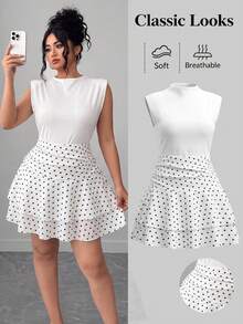 Elenzga Plus Size Women's Summer Fashion Elegant Cute Kawaii Mock Neck Sleeveless Ruched Waist A-Line Short Dress Brunch Dinner White Black And White - White - View 1