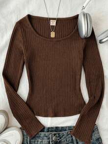 Tween Girls Ribbed Crew Neck Stretch Slim Fit All-Match Versatile Minimalist Long Sleeve T-Shirt, Comfortable - Brown - View 1