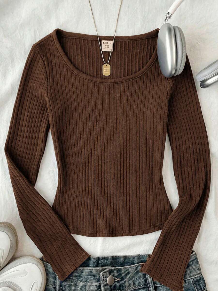 Tween Girls Ribbed Crew Neck Stretch Slim Fit All-Match Versatile Minimalist Long Sleeve T-Shirt, Comfortable - Brown - View 1