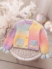SHEIN 少女針織漸層V領泡泡袖寬鬆休閒開襟衫 - 粉色 - 查看 6