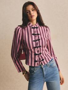 Poéselle Women's Street Fashion Striped Frog Button Long Sleeve Denim Top - Multicolor - View 7
