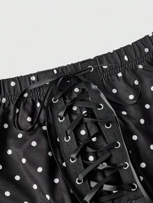 ROMWE Kawaii Vintage Plus Size Women's Polka Dot Tie-Up Flare Pants With Lace Ruffle Design, Street Sweet Cool Style - Black - View 3