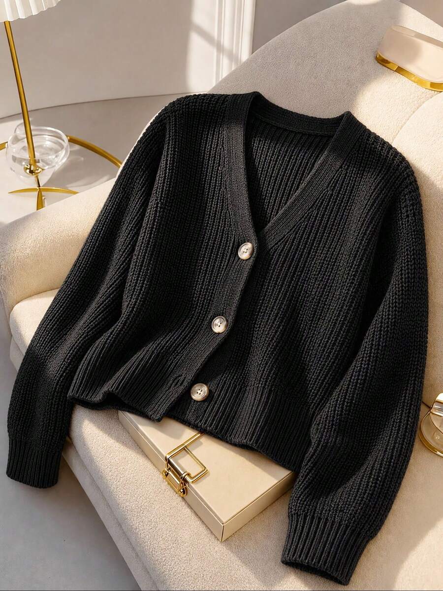 Wovencharm Wovencharm Casual Solid Color Cropped Cardigan, Autumn/Winter - Black - View 1