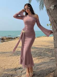DAZY Elegant Solid Color Asymmetric Ruched Butterfly Decor Fishtail Midi Dress For Women, Autumn Sundress - Pink - View 2