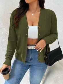 CosyJoli Women's Plus Size Solid Color Basic Cardigan, Casual Loose Button-Up Long Sleeve Top In Fall/Winter - Green - View 9