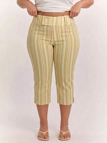 SHEIN Tall CURVE Plus Size Women's Striped Patchwork Casual Versatile Daily Wear Capris - Multicolor - View 4