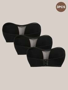Barelissa 3pcs Bra Tanpa Tali Warna Hitam dengan Motif Jala dan Patchwork untuk Wanita - Hitam - View 4
