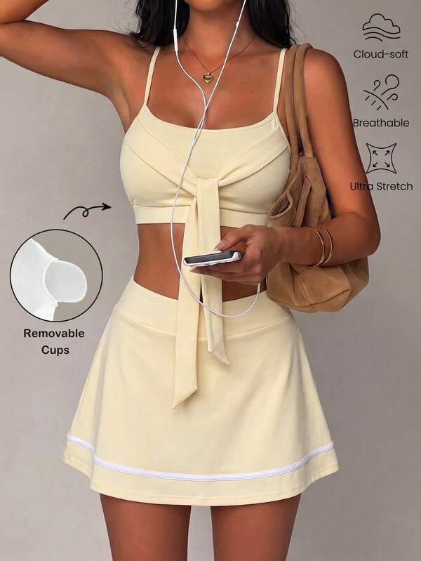 SHEIN Sovereign Charm Women's Minimalist Tie Strap Tank Top And Striped Contrast Color Mini Skirt Sports Set