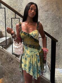 SHEIN BAE 女款優雅花卉印花不對稱下擺度假洋裝 - 綠色 - 查看 4