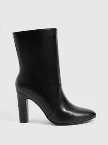Daringsoles 女款通勤職場百搭仿皮短靴，黑色仿皮百褶中筒靴，圓頭粗跟短靴 - 黑色 - 查看 1