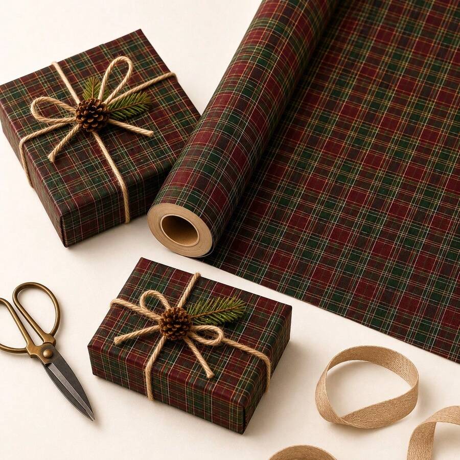 5m Roll Plaid Pattern Single-Sided Kraft Paper, 43cm X 500cm Thick Gift Wrapping Paper For Christmas, New Year, Birthday, Bachelorette Party, Holiday Decoration - Red and Green Checkered Pattern - 5m - View 1