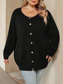 SHEIN CURVE+ Plus Size Women's Solid Color Raglan Sleeve Long Sleeve Casual Loose Knit Cardigan, Autumn/Winter - Black - View 4