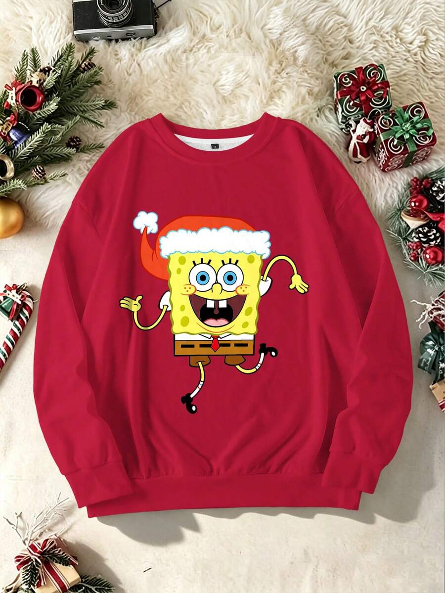SpongeBob SquarePants | SHEIN 男士圓領長袖休閒寬鬆衛衣 - 白色 - 查看 1