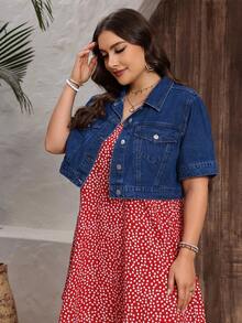 EMERY ROSE Plus Size Casual Cropped Denim Jacket For Vacation - Dark Wash - View 6