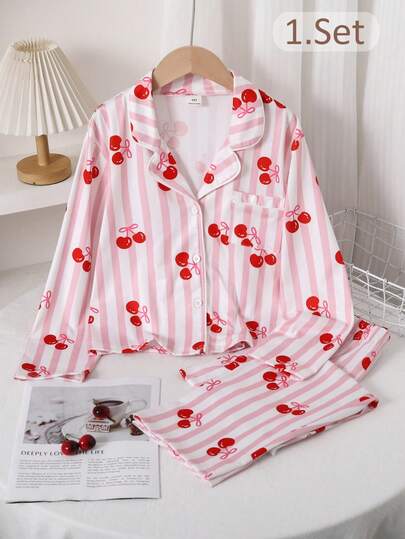 Genkimix Kids School Girl Pajamas, Big Tween Girl Apricot Cute Cherry Print Long Pants & Long Sleeve Casual 2 Pieces Set Loungewear