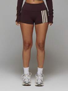 Musera Sport Stripe Side Foldover Waist Fitted Active Mini Shorts Fall Autumn Winter Gym Workout Cute Butter Yellow - Mocha Brown - View 2
