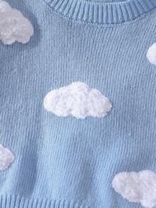 SHEIN 女童天空藍毛衣套裝，附柔軟可愛白色雲朵刺繡，手工圓領落肩長袖套頭毛衣 + 成套百褶裙，柔軟舒適，適合日常穿著、外出、旅行、度假、居家、托兒所及兒童遊戲 - 淺藍色 - 查看 7