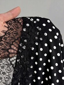 SHEIN EZwear 復古黑白波點針織蕾絲拼接緊身洋裝（女款），秋季上衣，派對早午餐，夏季，聖誕節，新年，優雅 - 彩色 - 查看 10
