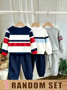 (Patrón Aleatorio, 1 Set Aleatorio) Sudadera y Pantalón de Chándal para Niños Pequeños con Gráfico de Pony Jinete en el Pecho, Cuello Redondo, Estilo Casual Minimalista Fresco y Rayas Coloridas - Multicolor - Ver 2