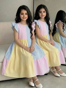 SHEIN Tween Girl Casual Daily Versatile Comfortable Patchwork Colorblock Short Flutter Sleeve Dress Tween Girl - Multicolor - View 2