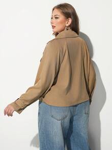 Maija Plus Size Women Solid Color Lapel NeckLong Sleeve Double-Breasted Casual Jacket Fall - Brown - View 2