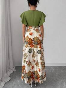 Elenzga Women's Elegant Ruffle Cap Sleeve Fitted Flared Dress, Green, Suitable For Commuting In Spring/Summer - Multicolor - View 2