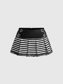 ROMWE Rok Mini Lipit Bergaris Berpinggang Rendah Bergaya Gothic dengan Hiasan Lubang Kancing Ganda untuk Musim Semi, Musim Panas, dan Musim Gugur - Hitam - View 1