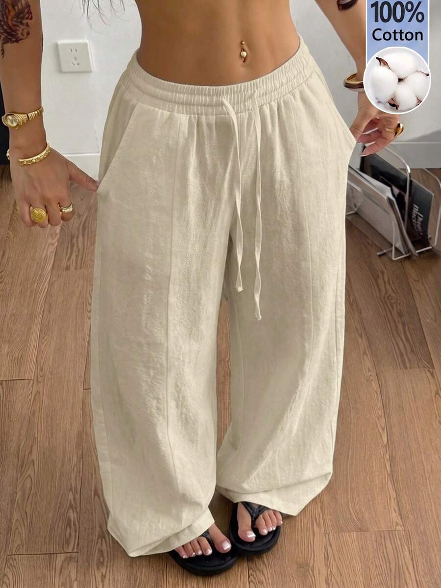 Coolane Women's Casual Fashion Loose Fit Drawstring Waist Pants With Pockets - Apricot - View 1