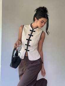 Siren Gaze Women's Beige Frog Button Contrast Trim Textured Vest,Chinese Knot Button,Casual Elegant, Frog Closures Tea Party Brunch Business Four Seasons Autumn - Multicolor - View 7