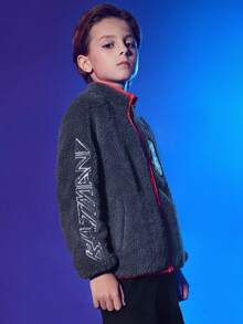 BATMAN X SHEIN Tween Boy Letter Embroidery Contrast Binding Fluffy Coat - Dark Grey - View 5