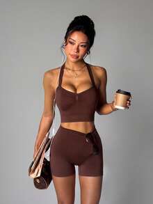 Mistrie Women's Solid Color Backless Halter Top And Shorts Sports Set - Brown - View 4